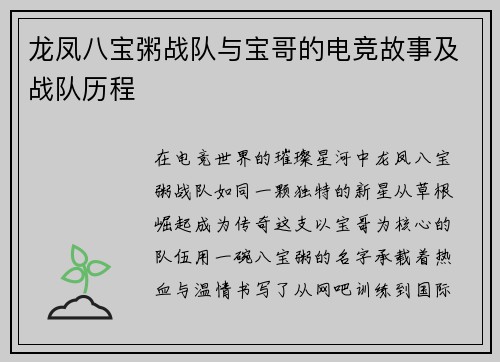 龙凤八宝粥战队与宝哥的电竞故事及战队历程