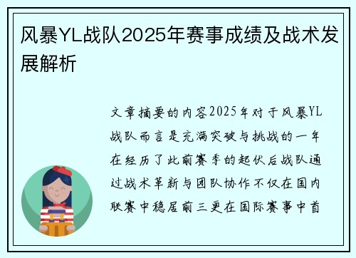 风暴YL战队2025年赛事成绩及战术发展解析